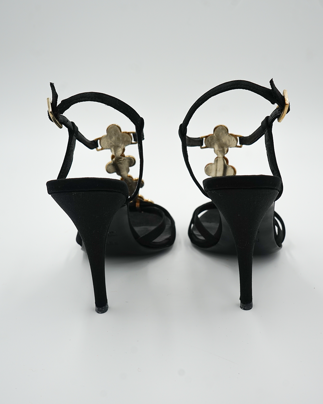 Black Satin Crystal Embellished Ankle Strap Sandals