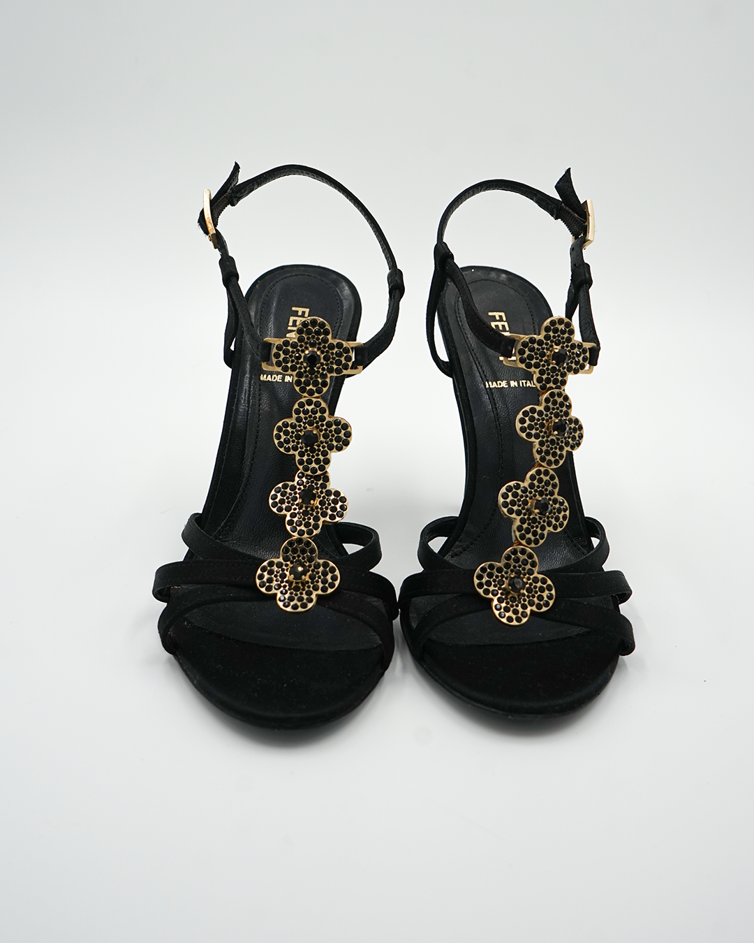 Black Satin Crystal Embellished Ankle Strap Sandals