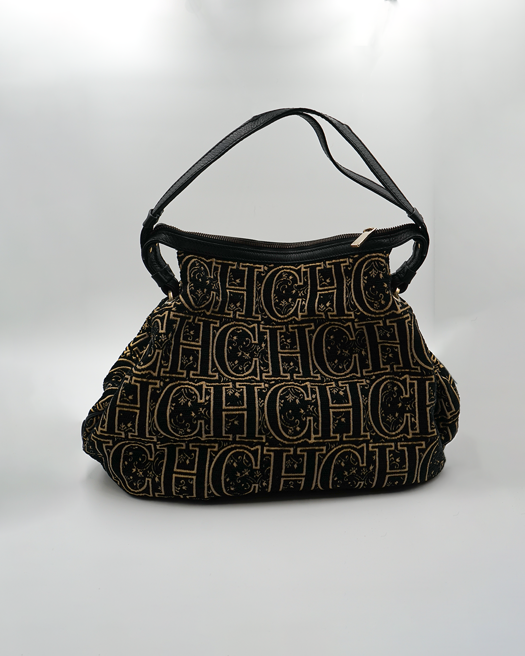 Black and Gold Monogram Velvet Hobo