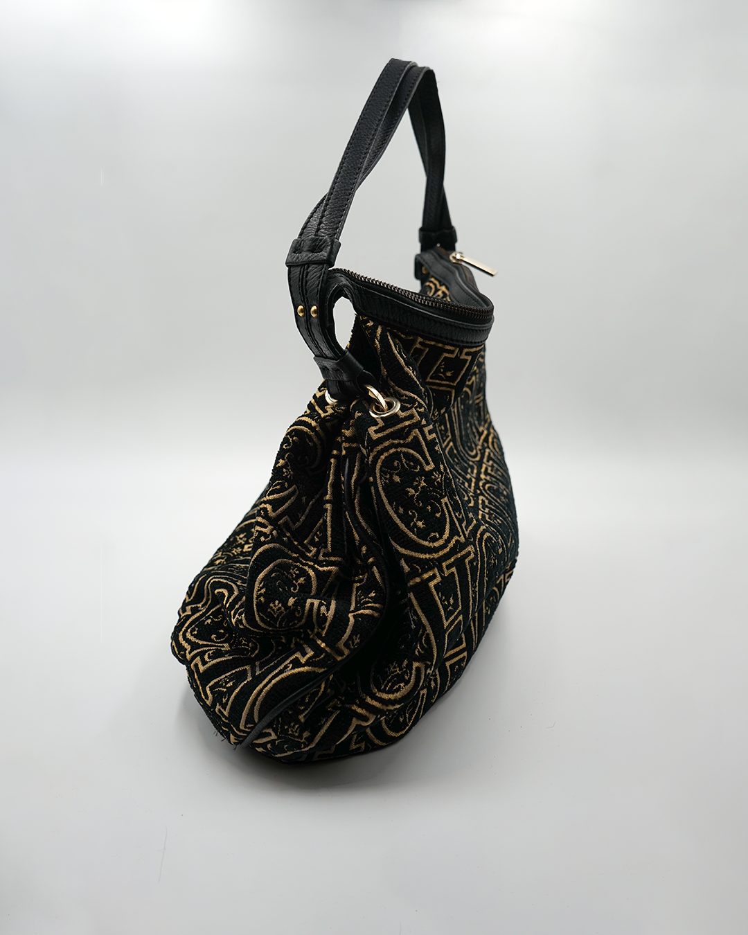 Black and Gold Monogram Velvet Hobo