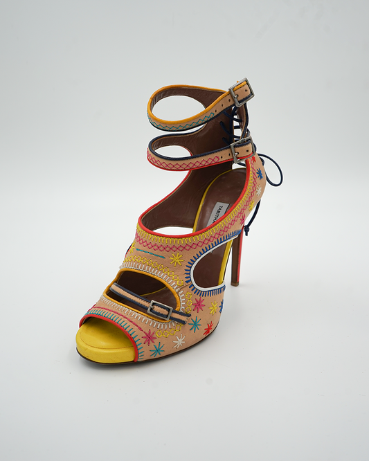 Embroidered Ankle-Strap Platform Heels