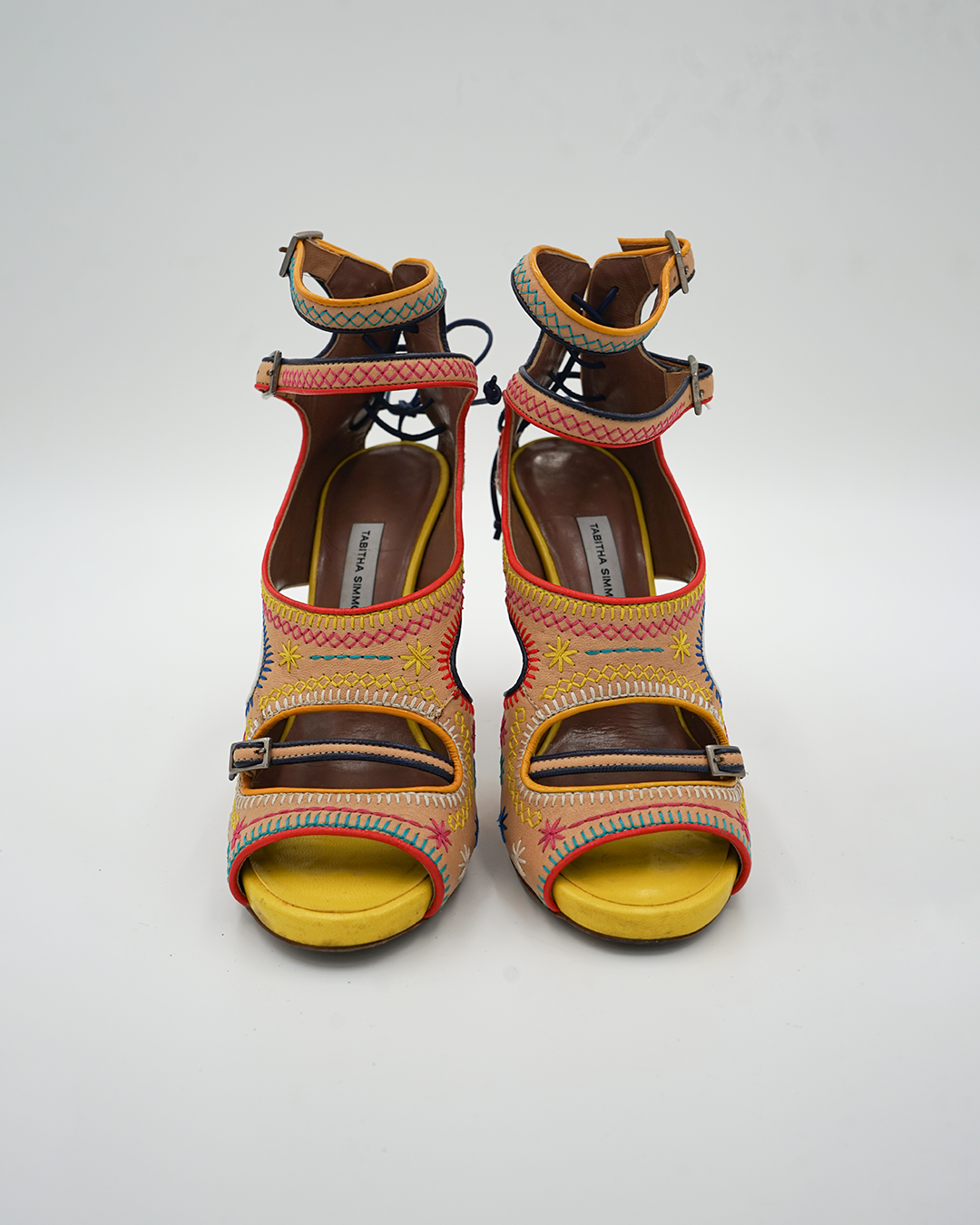 Embroidered Ankle-Strap Platform Heels