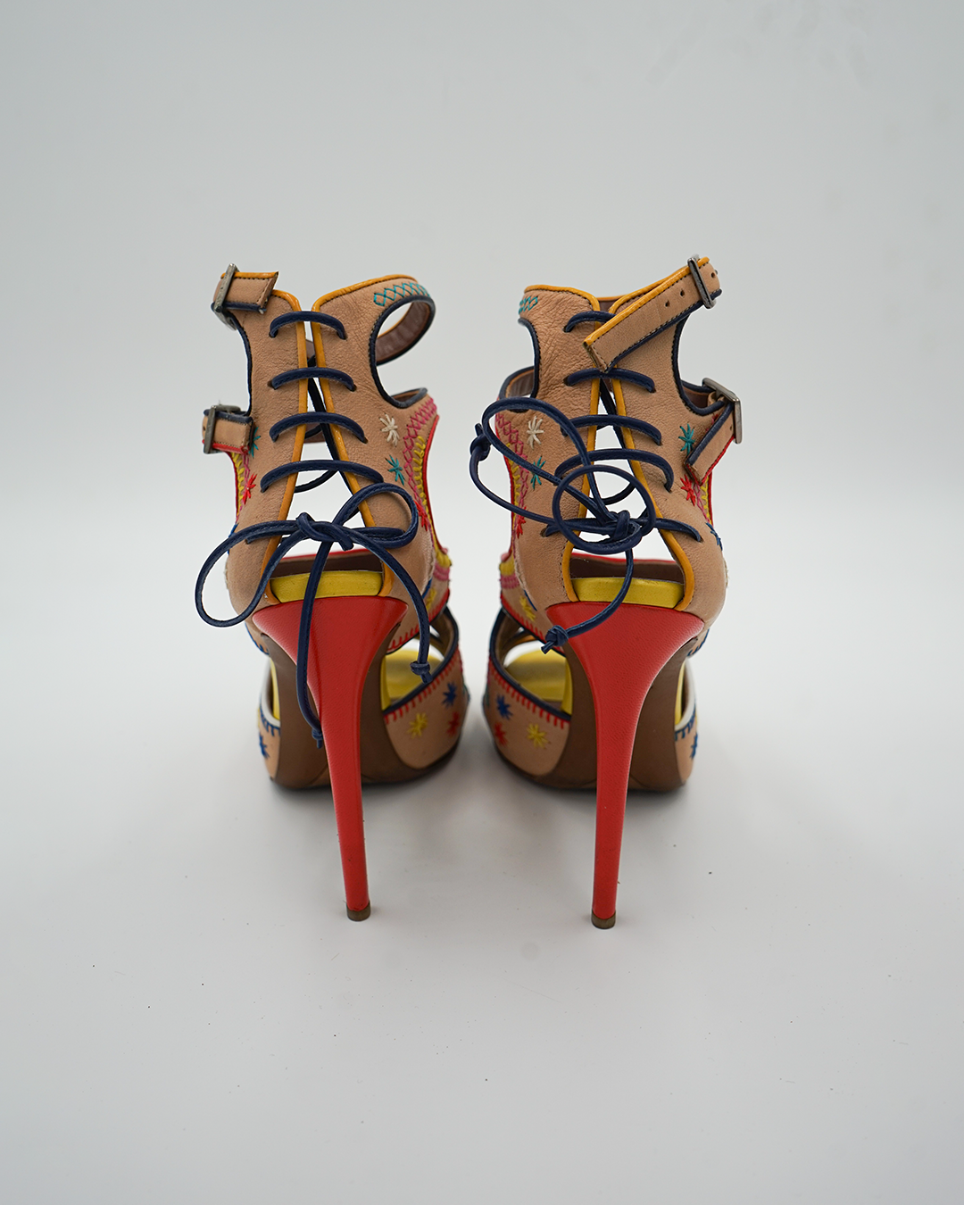 Embroidered Ankle-Strap Platform Heels