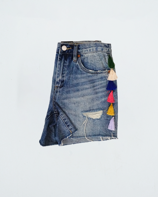 High Rise Cut Off Jean Shorts Fetival Tassels