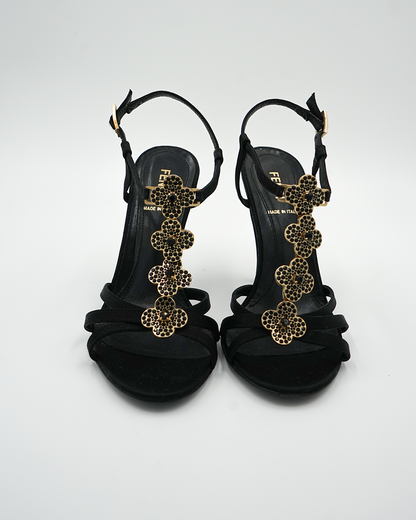Black Satin Crystal Embellished Ankle Strap Sandals
