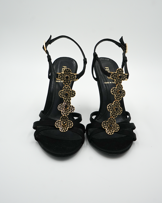 Black Satin Crystal Embellished Ankle Strap Sandals