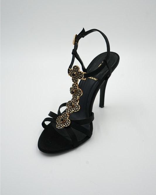 Black Satin Crystal Embellished Ankle Strap Sandals