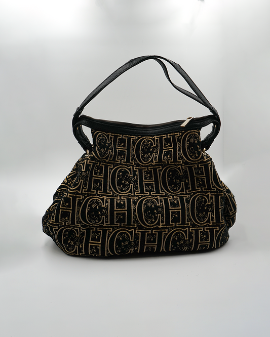 Black and Gold Monogram Velvet Hobo