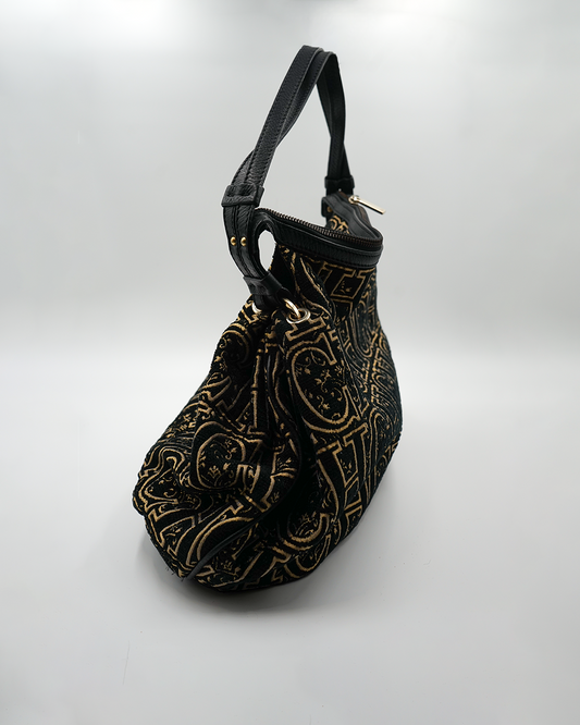 Black and Gold Monogram Velvet Hobo
