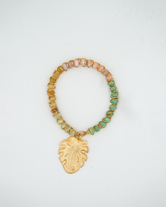Beaded Bracelet with Gold Leaf Charm