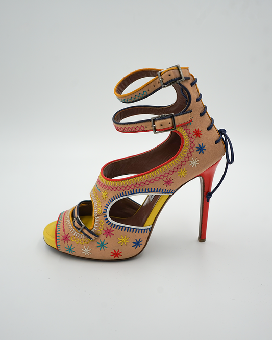 Embroidered Ankle-Strap Platform Heels