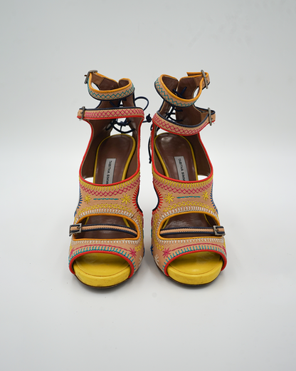 Embroidered Ankle-Strap Platform Heels