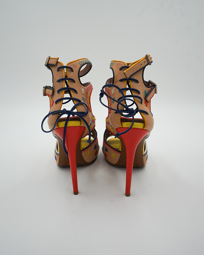 Embroidered Ankle-Strap Platform Heels