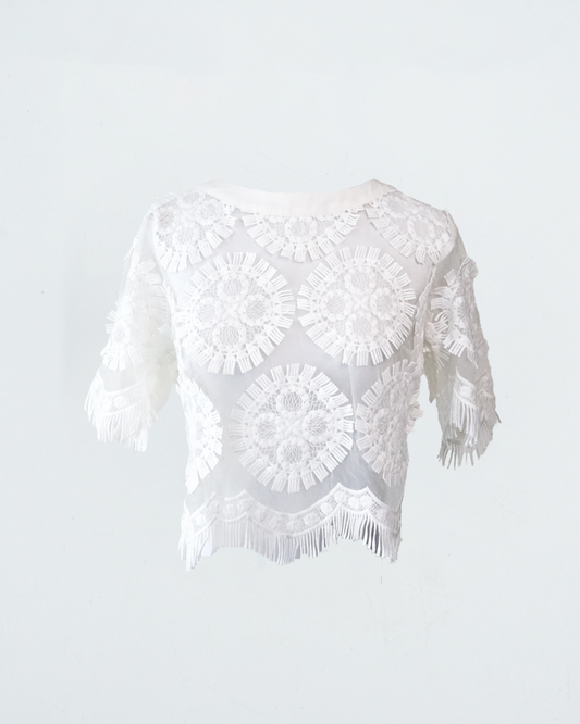 White sheer lace crop blouse