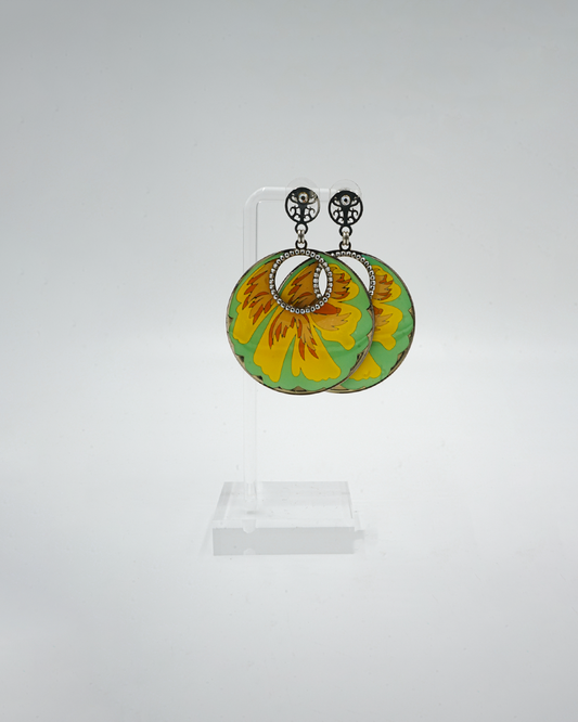 Yellow Floral Enamel Disc Earrings